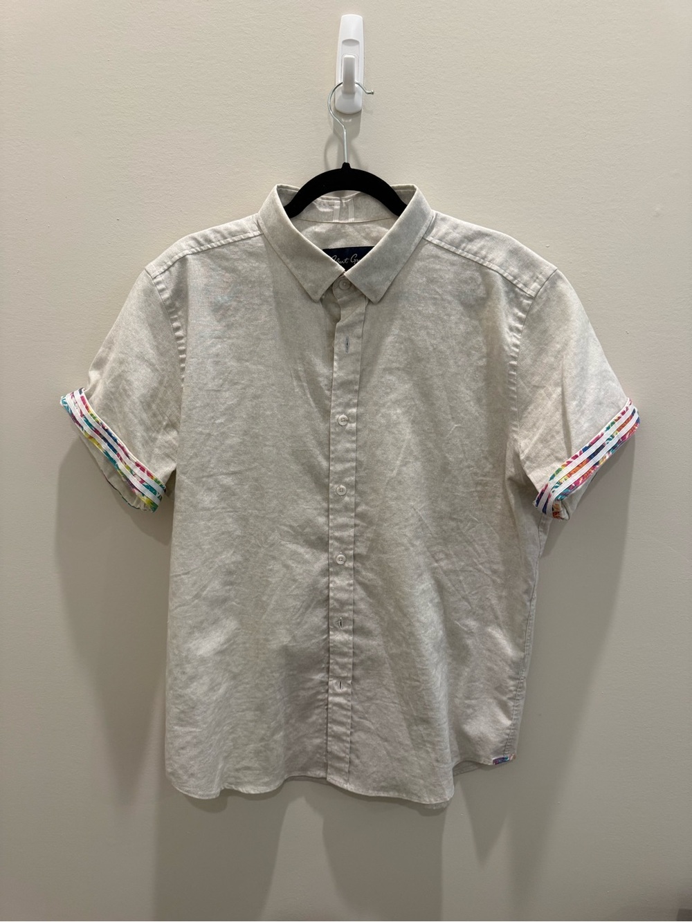 Robert Graham XL Linen-Blend Short Sleeve Shirt with Color-Trim Cuffs - Neutral